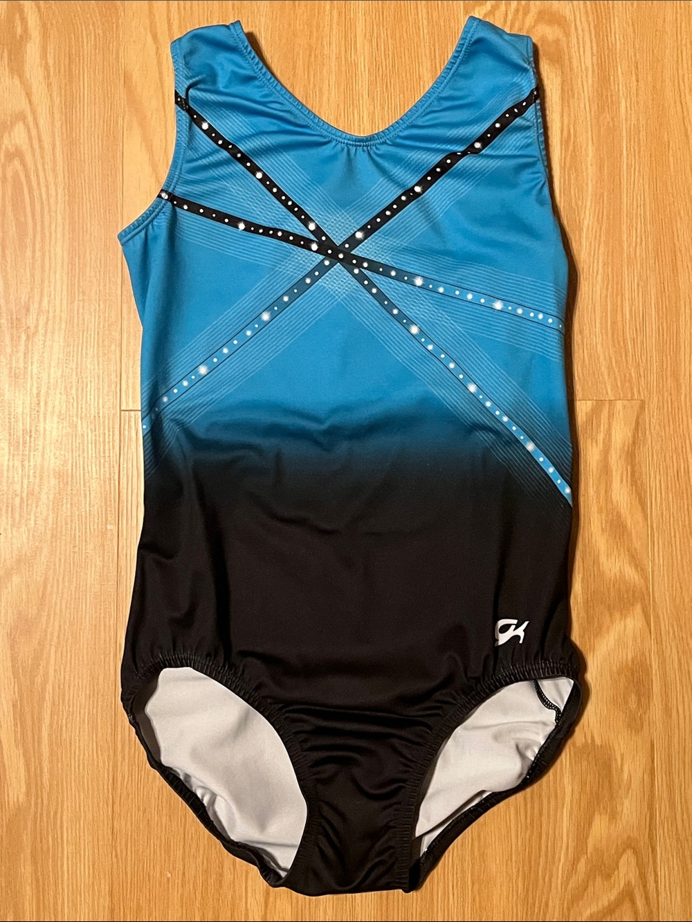 GK Blue and Black Women’s Leotard, size Adult Medium